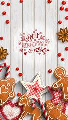 Wall Mural - Mobile phone Christmas wallpaper, gingerbread and ornaments on wood