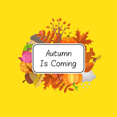 Canvas Print - Vector cartoon autumn elements and leaves under rectangle with place for text illustration