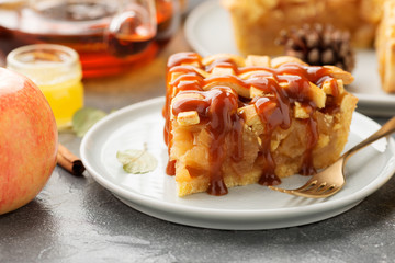 Wall Mural - Slice of apple pie with caramel sauce on a  plate. Grey background. Close up.