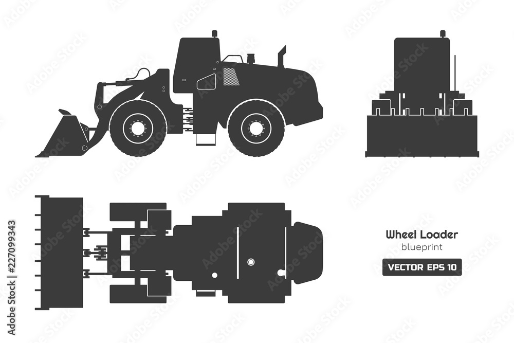 Black silhouette of wheel loader on white background. Top, side and ...