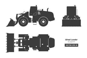 Black silhouette of wheel loader on white background. Top, side and front view. Diesel digger blueprint. Hydraulic machinery image. Industrial document of bulldozer