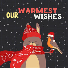 Fancy Seasonal Poster. Cartoon Humor Comic Rabbit Bunny, Robin Bird In Red Santa Hat. Merry Christmas Winter Season Greeting Card Wish. Holiday Cute Flyer Background. Vector New Year Eve Fun Banner