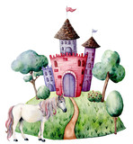 Watercolor fairy tale card witn castle and unicorn. Hand painted green trees and bushes, castle, unicorn isolated on white background. Forest illustration for design, print.