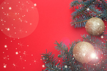 Christmas decorations on a red background. The concept of traditional decor for Christmas.