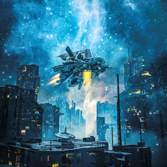 Wall Mural - voyager by night / 3d illustration of spaceship taking off from dark futuristic city under a glowing