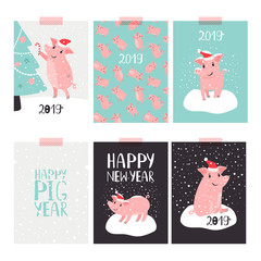 Wall Mural - Christmas pig 2019 cards. Happy new year greeting cards with pigs in Santa Claus hat vector illustration, cute pink xmas posters