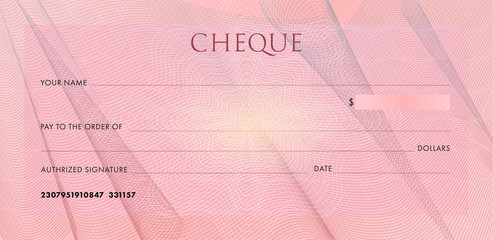 Wall Mural - Check template, Chequebook template. Blank pink business bank cheque with guilloche pattern cloth folds and abstract watermark. Background for voucher, banknote design,gift certificate, ticket, coupon