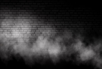 Background of empty dark room with concrete floor. Empty brick walls, neon light, smoke.