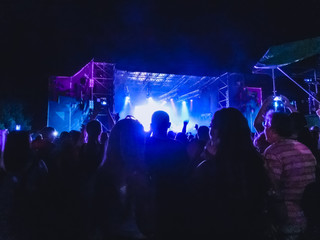 The party, concert concept. Crowd raising their hands and enjoying great rock festival. blur bokeh for background.