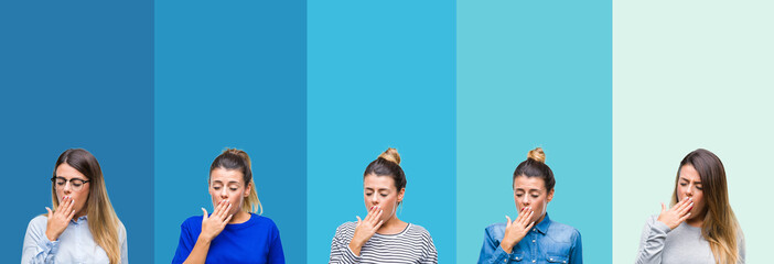 Poster - Collage of young beautiful woman over blue stripes isolated background bored yawning tired covering mouth with hand. Restless and sleepiness.