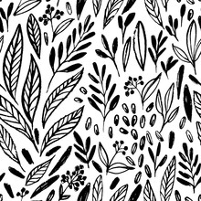 Vector Seamlee Pattern With Hand Drawing Wild Plants, Herbs And Berries, Monochrome Artistic Botanical Background. One Color Floral Drawn Background. Repeatable Backdrop With Ink Drawn Motif.