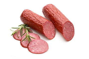 Salami smoked sausage, basil leaves on white background cutout.