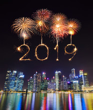 2019 Happy New Year Firework Sparkle With Central Business District Building Of Singapore At Night