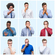 © Krakenimages.com - Collage of group of business and casual men over isolated background smelling something stinky and disgusting, intolerable smell, holding breath with fingers on nose. Bad smells concept.