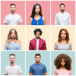 © Krakenimages.com - Collage of group of young people woman and men over colorful isolated background with serious expression on face. Simple and natural looking at the camera.
