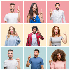 Collage of group of young people woman and men over colorful isolated background pointing finger up with successful idea. Exited and happy. Number one.