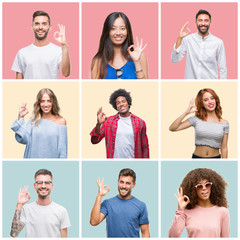 Poster - Collage of group of young people woman and men over colorful isolated background smiling positive doing ok sign with hand and fingers. Successful expression.