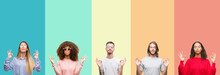 Collage Of Group Of Young People Over Colorful Vintage Isolated Background Relax And Smiling With Eyes Closed Doing Meditation Gesture With Fingers. Yoga Concept.