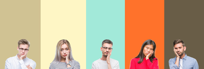 Poster - Collage of group of young people over colorful isolated background thinking looking tired and bored with depression problems with crossed arms.