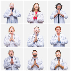 Canvas Print - Collage of group of doctor people wearing stethoscope over isolated background begging and praying with hands together with hope expression on face very emotional and worried