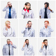 Collage of group of doctor people wearing stethoscope over isolated background smiling with hand over ear listening an hearing to rumor or gossip. Deafness concept.