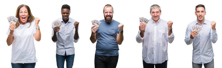 Poster - Collage of group of business people holding bunch of dollars cash over isolated background screaming proud and celebrating victory and success very excited, cheering emotion