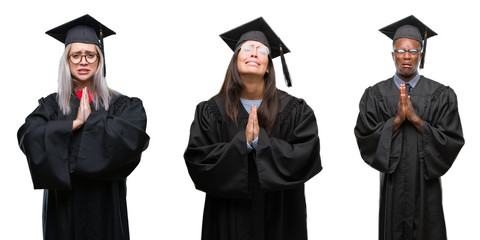 Sticker - Collage of group of young student people wearing univerty graduated uniform over isolated background begging and praying with hands together with hope expression on face very emotional and worried