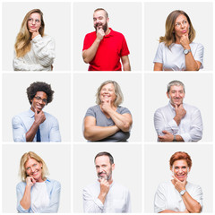 Canvas Print - Collage of group of young, middle age and senior people over isolated background looking confident at the camera with smile with crossed arms and hand raised on chin. Thinking positive.