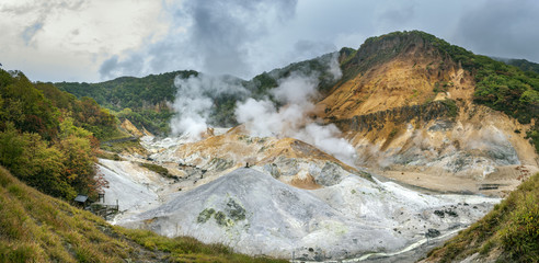 wide angle view of jigokudani hot spring valley in sapporo hokkaido one of most popular natural  traveling destination