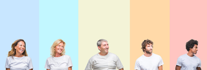 Wall Mural - Collage of group of young and middle age people wearing white t-shirt over color isolated background looking away to side with smile on face, natural expression. Laughing confident.