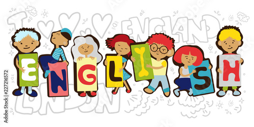 Design Concept Of Word ENGLISH Website Banner. Cartoon kids ...