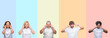 © Krakenimages.com - Collage of group of young and middle age people wearing white t-shirt over color isolated background covering ears with fingers with annoyed expression for the noise of loud music. Deaf concept.