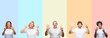 © Krakenimages.com - Collage of group of young and middle age people wearing white t-shirt over color isolated background showing and pointing up with fingers number seven while smiling confident and happy.