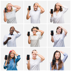 Wall Mural - Collage of group of young people showing screen of smartphone over isolated background stressed with hand on head, shocked with shame and surprise face, angry and frustrated. Fear and upset 