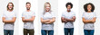 © Krakenimages.com - Collage of group of young people wearing white t-shirt over isolated background happy face smiling with crossed arms looking at the camera. Positive person.