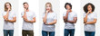 © Krakenimages.com - Collage of group of young people wearing white t-shirt over isolated background with hand on chin thinking about question, pensive expression. Smiling with thoughtful face. Doubt concept.