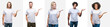 © Krakenimages.com - Collage of group of young people wearing white t-shirt over isolated background smiling cheerful presenting and pointing with palm of hand looking at the camera.