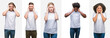 © Krakenimages.com - Collage of group of young people wearing white t-shirt over isolated background with hand on head for pain in head because stress. Suffering migraine.