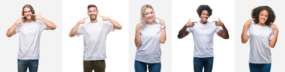 Poster - Collage of group of young people wearing white t-shirt over isolated background smiling confident showing and pointing with fingers teeth and mouth. Health concept.