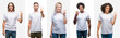 © Krakenimages.com - Collage of group of young people wearing white t-shirt over isolated background showing and pointing up with fingers number three while smiling confident and happy.