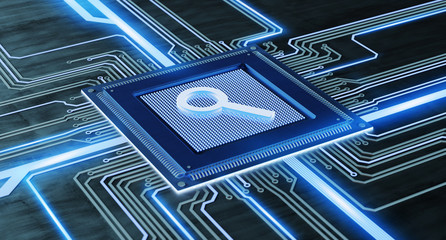 Poster - CPU processor chip with a search request and network connection on a circuit board - 3d render