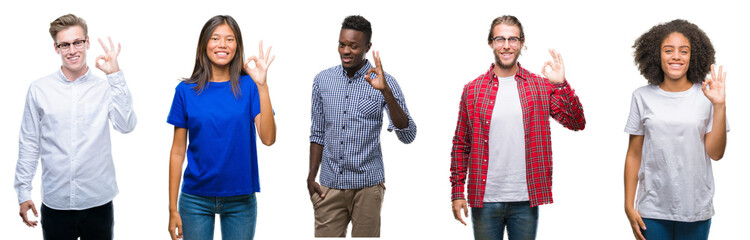 Sticker - Collage of group of young asian, caucasian, african american people over isolated background smiling positive doing ok sign with hand and fingers. Successful expression.