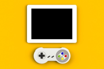 Sticker - Video game console GamePad. Gaming concept. Top view retro joystick with tablet isolated on yellow background, 3D rendering