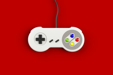 Canvas Print - Video game console GamePad. Gaming concept. Top view retro joystick isolated on red background, 3D rendering