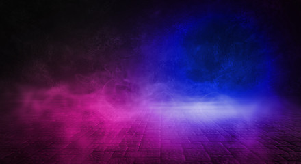 Wall Mural - background of empty room with spotlights and lights, abstract purple background with neon glow