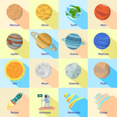 Poster - Space planet icon set. Flat set of space planet vector icons for web design