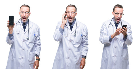 Poster - Collage of handsome senior hoary doctor man using smartphone over isolated background scared in shock with a surprise face, afraid and excited with fear expression