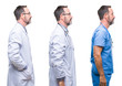 © Krakenimages.com - Collage of handsome senior hoary doctor man wearing surgeon uniform over isolated background looking to side, relax profile pose with natural face with confident smile.