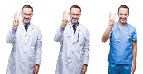 Collage of handsome senior hoary doctor man wearing surgeon uniform over isolated background showing and pointing up with fingers number three while smiling confident and happy.