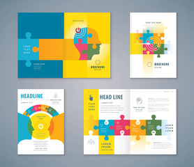 Wall Mural - cover book design set, jigsaw puzzle pieces and human head background vector
